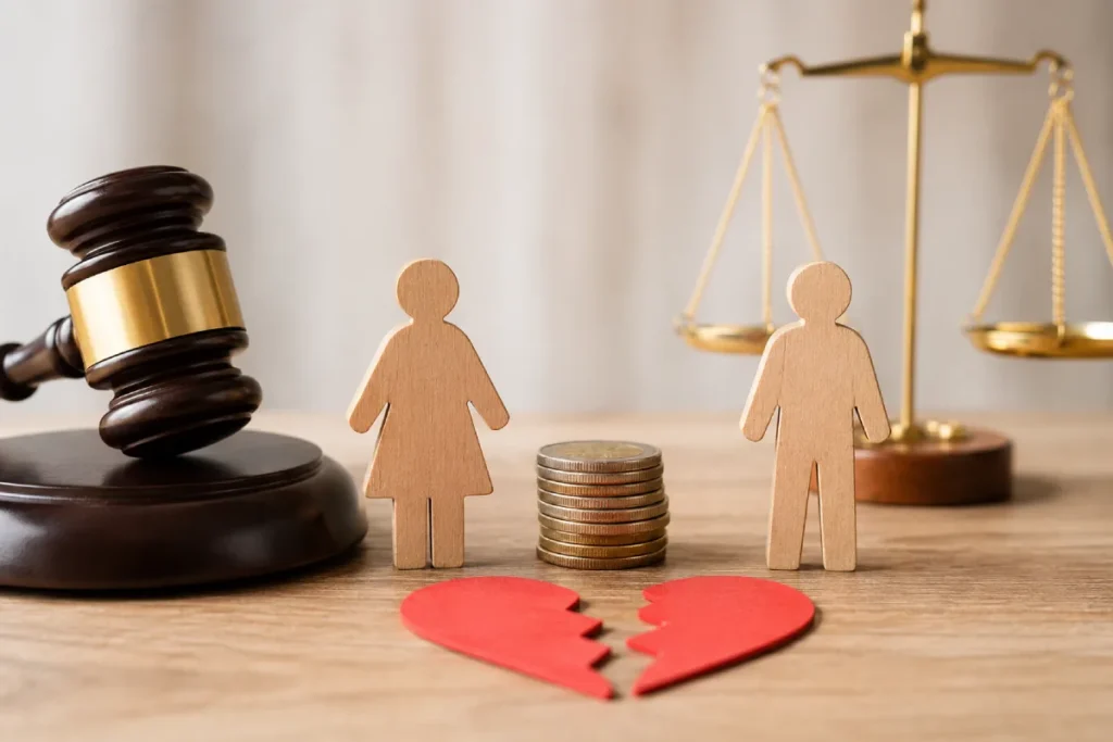 Texas alimony: gavel, broken heart, and stacked coins.