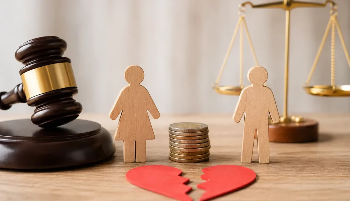 Texas alimony: gavel, broken heart, and stacked coins.