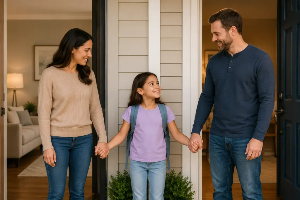Texas 50/50 custody: a smiling mother and father holding hands with their young daughter, who is wearing a backpack, near the front door of a home.