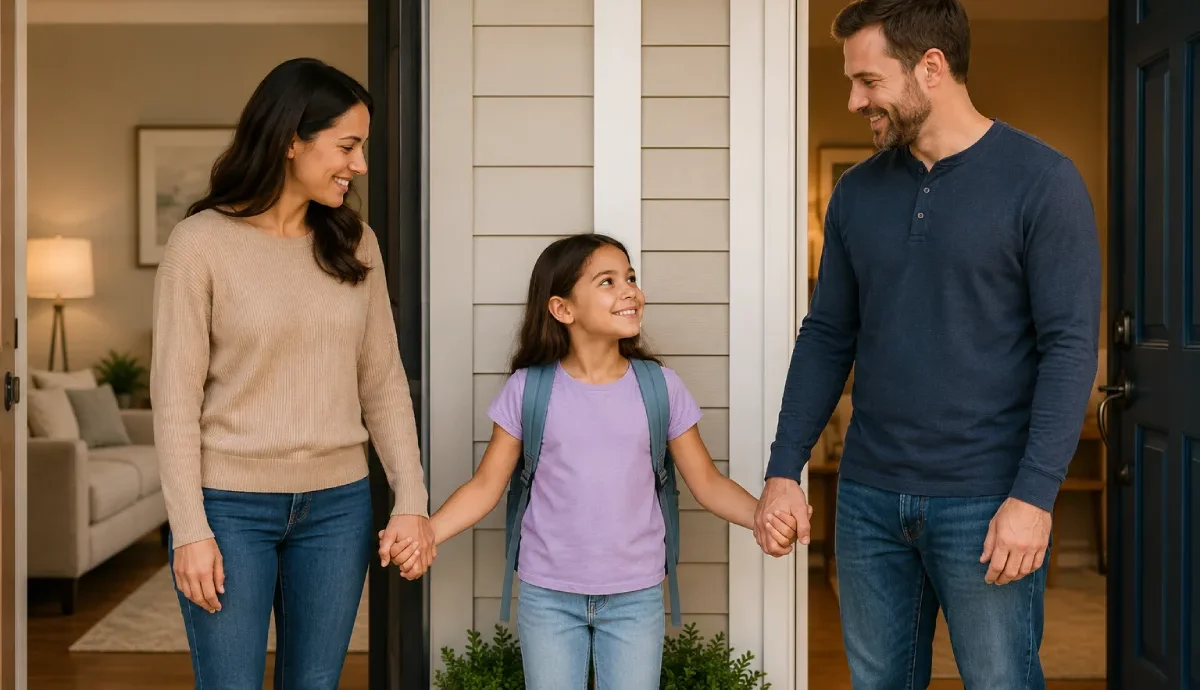 Texas 50/50 custody: a smiling mother and father holding hands with their young daughter, who is wearing a backpack, near the front door of a home.