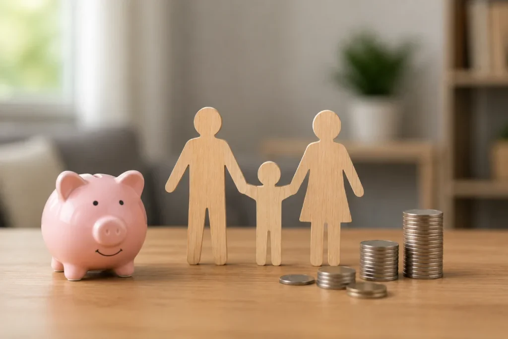 Texas child support modification: a pink piggy bank, wooden family figures, and increasing stacks of coins representing financial changes.