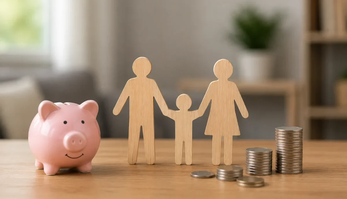 Texas child support modification: a pink piggy bank, wooden family figures, and increasing stacks of coins representing financial changes.