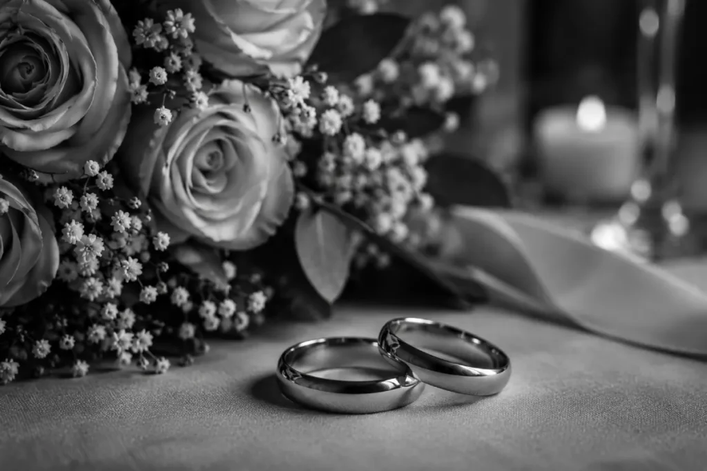 Texas common law marriage: two interlocking wedding rings resting next to a bouquet of roses representing informal marriage rights.
