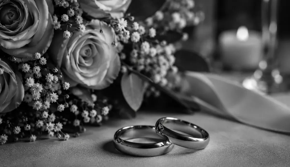 Texas common law marriage: two interlocking wedding rings resting next to a bouquet of roses representing informal marriage rights.