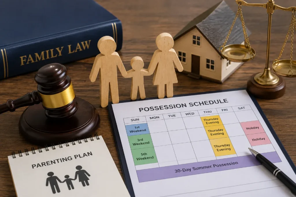 Texas standard possession order: a color-coded possession schedule and parenting plan notebook resting on a desk with wooden family figures, a gavel, and a Family Law book.