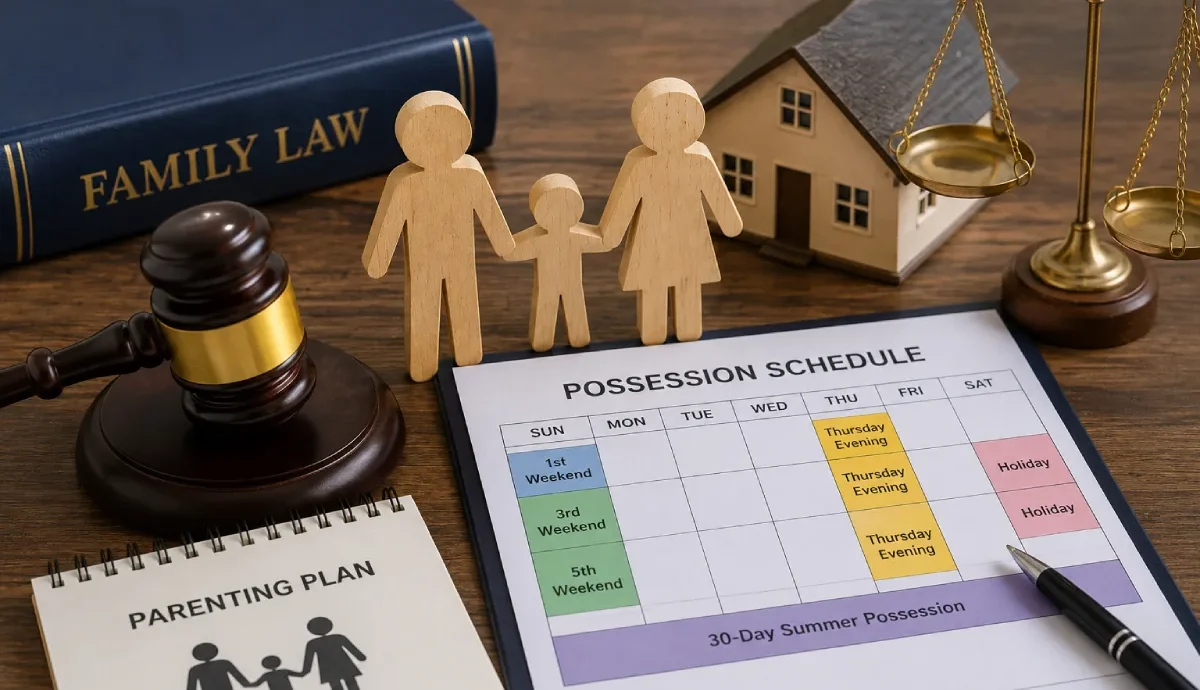 Texas standard possession order: a color-coded possession schedule and parenting plan notebook resting on a desk with wooden family figures, a gavel, and a Family Law book.